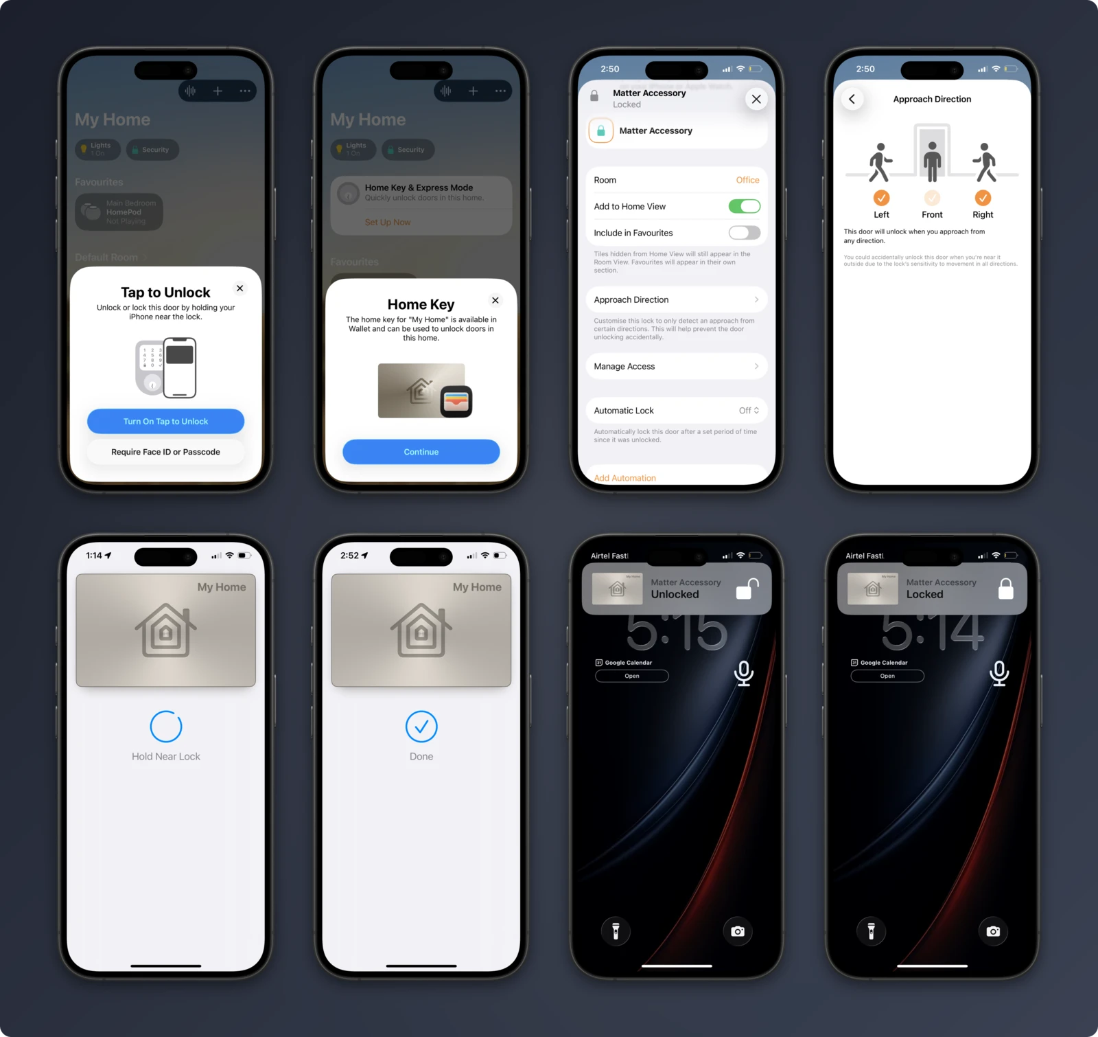 Eight iPhone screens recorded against the lock: Home Key setup, Approach Direction, provisioning, an NFC tap, and lock-state notifications