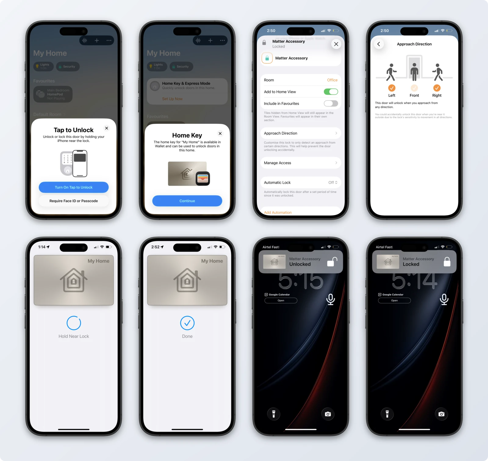 Eight iPhone screens recorded against the lock: Home Key setup, Approach Direction, provisioning, an NFC tap, and lock-state notifications